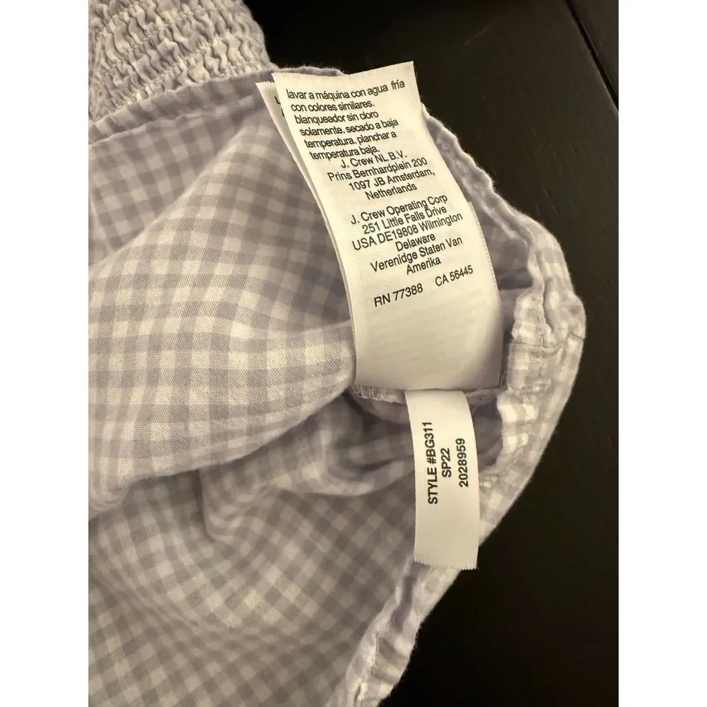 J. Crew Smocked Gingham Crop Top Womens Med Blue Off Shoulder Blouse Cottagecore